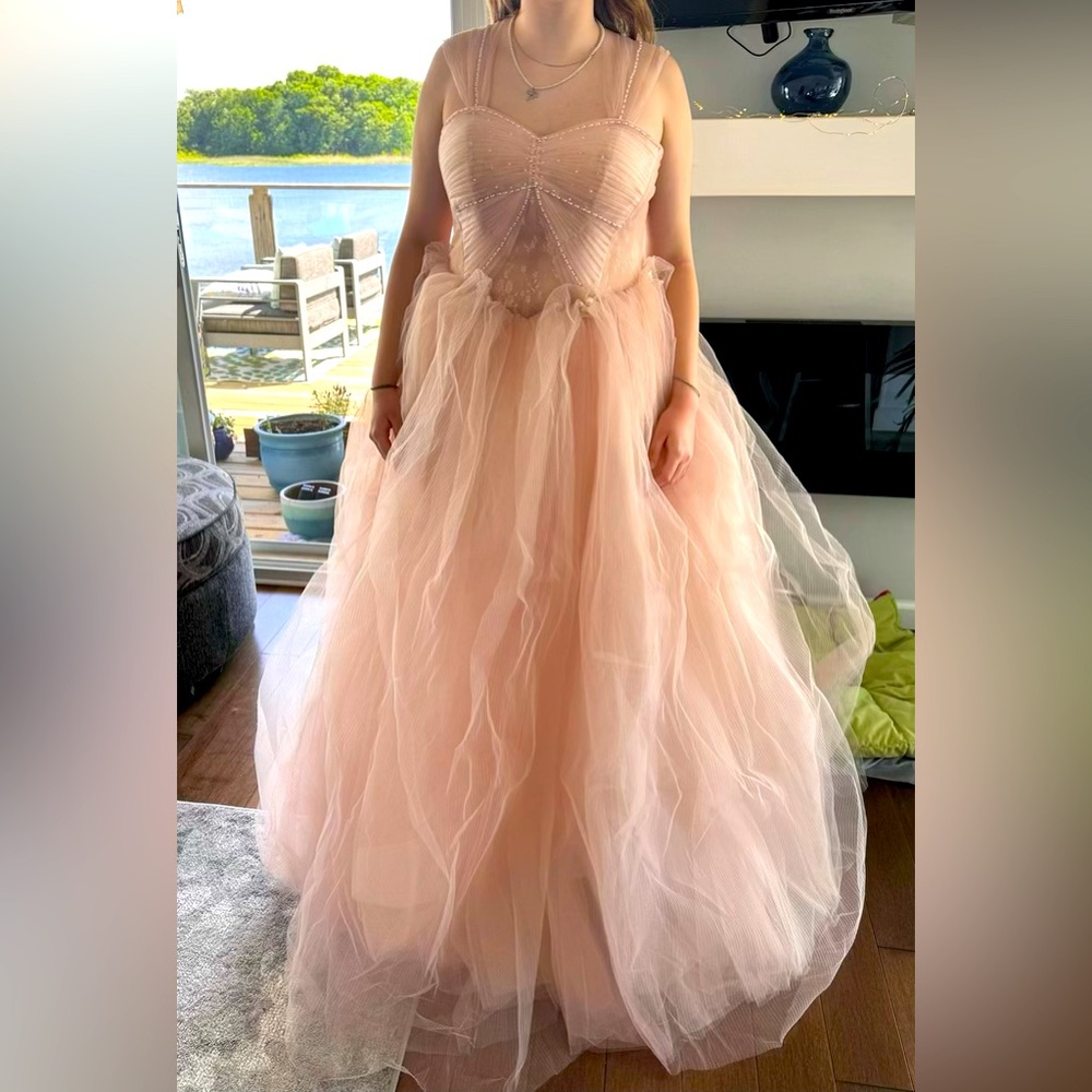 Stunning ballet pink ball gown/prom dress, handmade Etsy, beaded, size 12